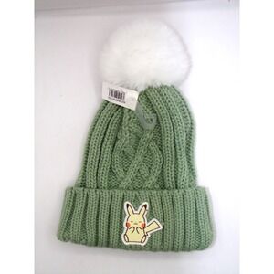 Youth Pokémon Pikachu Green & White Cable Knit Beanie Pom Pom, NWT has snag